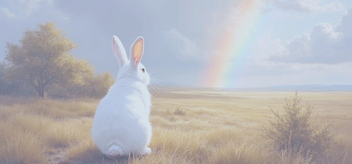 大地が広がり遠くの虹を眺める白うさぎの後ろ姿